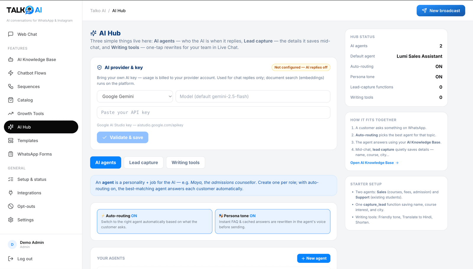 Your AI key — no per-message markup